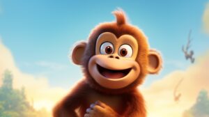 a friendly monkey in pixar animation style with ab right background --ar 16:9 --v 5.2