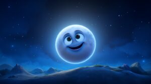 a friendly moon in pixar animation style with ab right background --ar 16:9 --v 5.2
