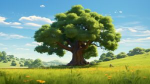 a friendly oak tree in pixar animation style --ar 16:9 --v 5.2
