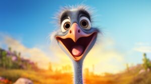 a friendly ostrich in pixar animation style with a bright background --ar 16:9 --v 5.2