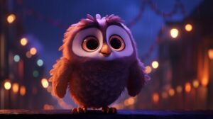 a friendly owl in pixar aniamtion style at night --ar 16:9 --v 5.2