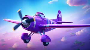 a friendly purple aeroplane in pixar animation style with a bright background --ar 16:9 --v 5.2