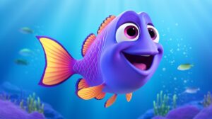 a friendly purple fish with a bright background in pixar animation style --ar 16:9 --v 5.2