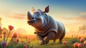 a friendly rhino in pixar animation style with a bright background --ar 16:9 --v 5.2