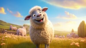 a friendly sheep in pixar animation style with a bright background --ar 16:9 --v 5.2
