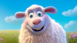 a friendly sheep in pixar animation style with a bright background --ar 16:9 --v 5.2