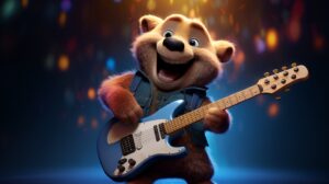 a friendly smiling bear with a bass guitar in pixar animation style --ar 16:9 --v 5.2