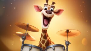 a friendly smiling giraffe with a drum kit in pixar animation style --ar 16:9 --v 5.2