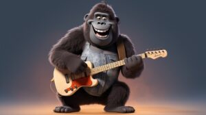 a friendly smiling gorilla with a guitar in pixar animation style --ar 16:9 --v 5.2