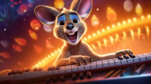 a friendly smiling kangaroo playing a keyboard on stage with a bright colourful background in pixar animation style --ar 16:9 --v 5.2
