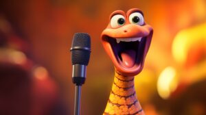 a friendly smiling snake singing into a microphone in pixar animation style --ar 16:9 --v 5.2