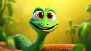 a friendly snake in pixar animation style with a bright background --ar 16:9 --v 5.2