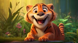 a friendly tiger in pixar animation style with a bright background --ar 16:9 --v 5.2