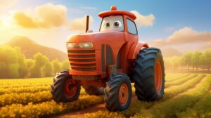 a friendly tractor in pixar animation style with a bright background --ar 16:9 --v 5.2