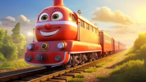 a friendly train in pixar animation style with a bright background --ar 16:9 --v 5.2