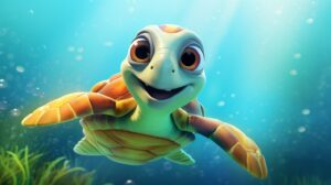 a friendly turtle in pixar animation style with a bright background --ar 16:9 --v 5.2