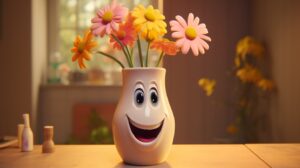a friendly vase with flowers inside in pixar animation style --ar 16:9 --v 5.2