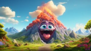 a friendly volcano in pixar animation style on a sunny day --ar 16:9 --v 5.2