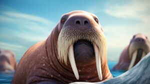 a friendly walrus with tusks in pixar animation style with a bright background --ar 16:9 --v 5.2