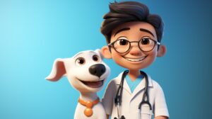a happy asian child vet with a puppy in pixar animation style with a bright background --ar 16:9 --v 5.2