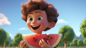 a happy boy child eating watermelon in pixar animation style on a sunny day --ar 16:9 --v 5.2