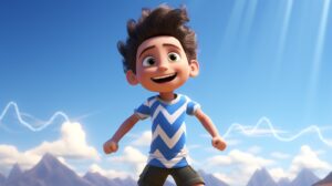 a happy child wearing a tshirt with a zigzag pattern in pixar animation style on a bright day --ar 16:9 --v 5.2