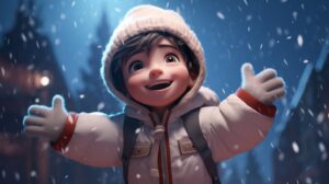 a happy kid wearing gloves in the snow in pixar animation style --ar 16:9 --v 5.2
