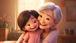 a happy smiling asian child with grandmother in pixar animation style in a bright daytime setting --ar 16:9 --v 5.2