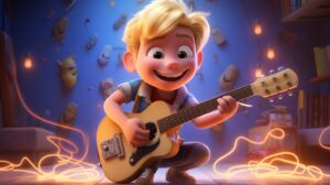 a happy, smiling blonde kid playing the electric guitar in pixar animation style --ar 16:9 --v 5.2