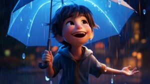 a happy smiling child in the rain holding an umbrella in pixar animation style --ar 16:9 --v 5.2