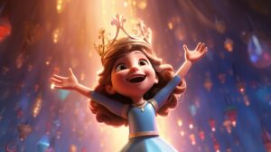 a happy smiling child queen in pixar animation style with a bright background --ar 16:9 --v 5.2