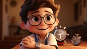 a happy smiling child wearing a watch in pixar animation style --ar 16:9 --v 5.2