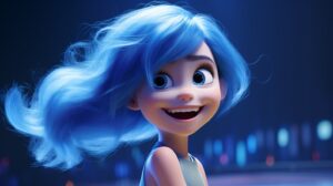 a happy smiling child with blue hair in pixar animation style --ar 16:9 --v 5.2