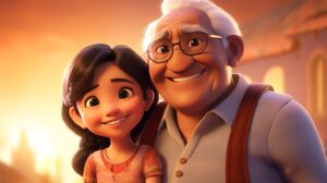 a happy smiling ethnic girl child with grandfather in pixar animation style in a bright daytime setting --ar 16:9 --v 5.2