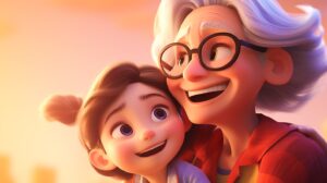 a happy smiling girl child with grandmother in pixar animation style in a bright daytime setting --ar 16:9 --v 5.2
