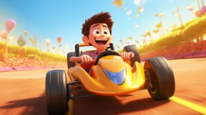 a happy smiling kid driving a race care with a bright colourful sunny background in pixar animation style --ar 16:9 --v 5.2