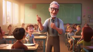 a happy teacher in class in pixar animation style --ar 16:9 --v 5.2