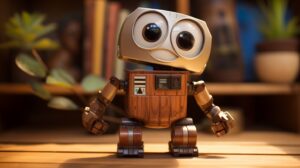 a happy toy robot on a wooden shelf in pixar animation style --ar 16:9 --v 5.2