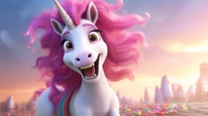 a happy unicorn in pixar animation style --ar 16:9 --v 5.2