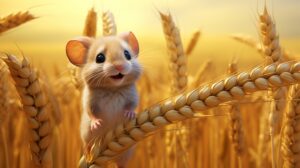 a little mouse on a wheat stalk in pixar animation style --ar 16:9 --v 5.2