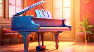 a piano in pixar animation style with a bright background --ar 16:9 --v 5.2