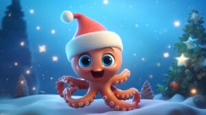 a smiling, friendly baby octopus under the sea wearing a christmas hat in pixar animation style with a bright setting --ar 16:9 --v 5.2