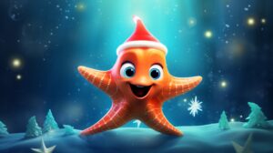 a smiling, friendly baby starfish under the sea wearing a christmas hat in pixar animation style with a bright setting --ar 16:9 --v 5.2