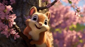 a squirrel in a tree in springtime in pixar animation style --ar 16:9 --v 5.2