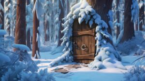a tiny door in a tree in a snowy forest in pixar animation style --ar 16:9 --v 5.2