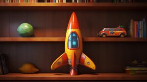a toy rocket ship on a wooden shelf in pixar animation style --ar 16:9 --v 5.2