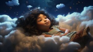 an ethnic girl child in bed dreaming about a fantasy world in pixar animation style --ar 16:9 --v 5.2