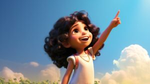 an indian girl child pointing in pixar animation style on a sunny day --ar 16:9 --v 5.2