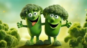 brocoli characters in pixar animation style with a bright background --ar 16:9 --v 5.2