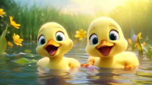 friendly cute ducks paddling on a pond with a bright background in pixar animation style --ar 16:9 --v 5.2